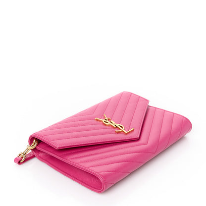 Saint Laurent Grain De Poudre Matelasse Chevron Monogram Envelope Clutch Fuchsia 4 of 8
