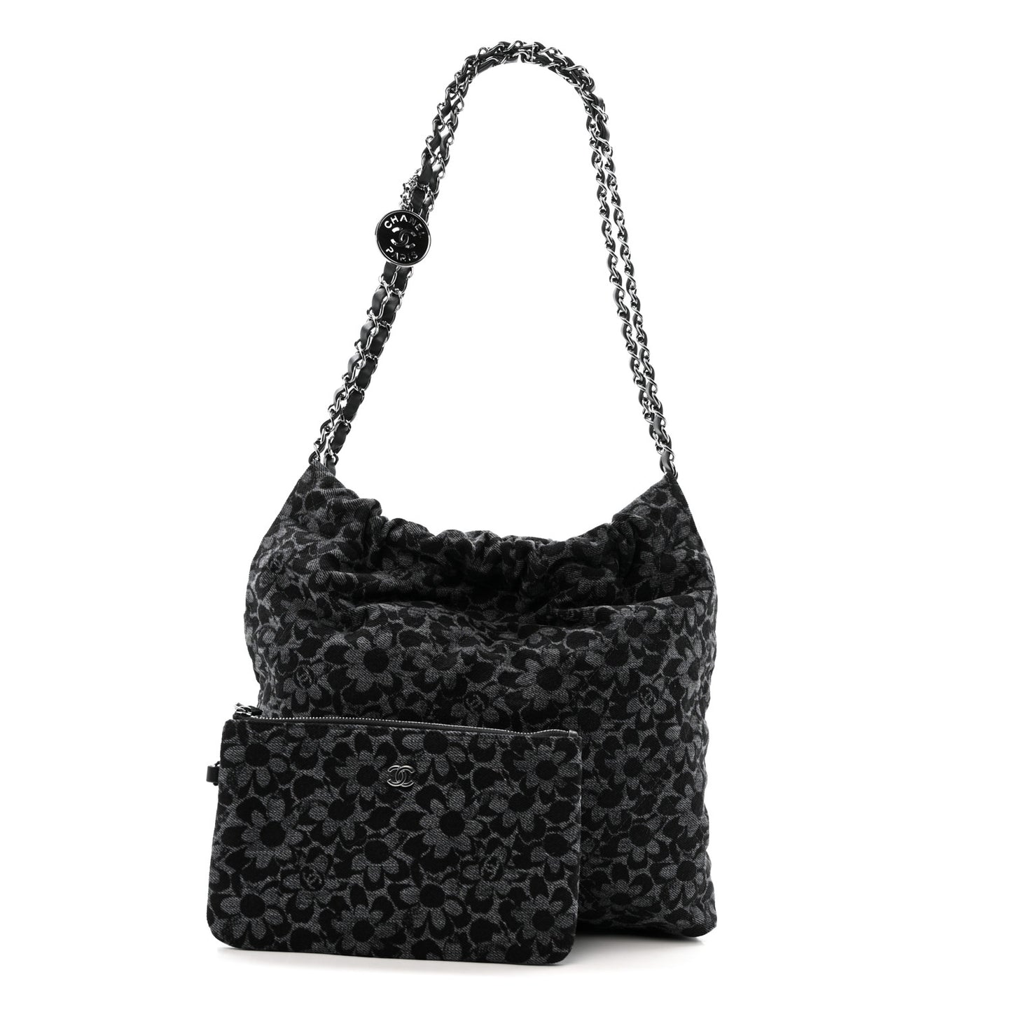 Denim Quilted Floral Print Small Chanel 22 Black