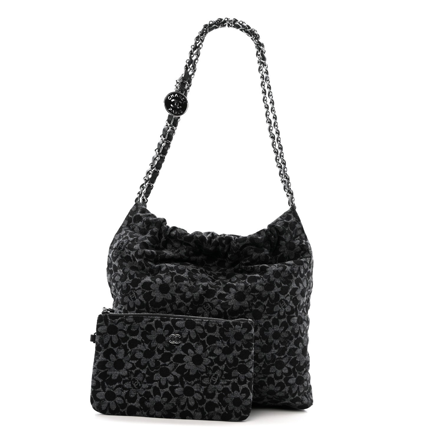 Chanel Denim Quilted Floral Print Small Chanel 22 Black 3 of 12