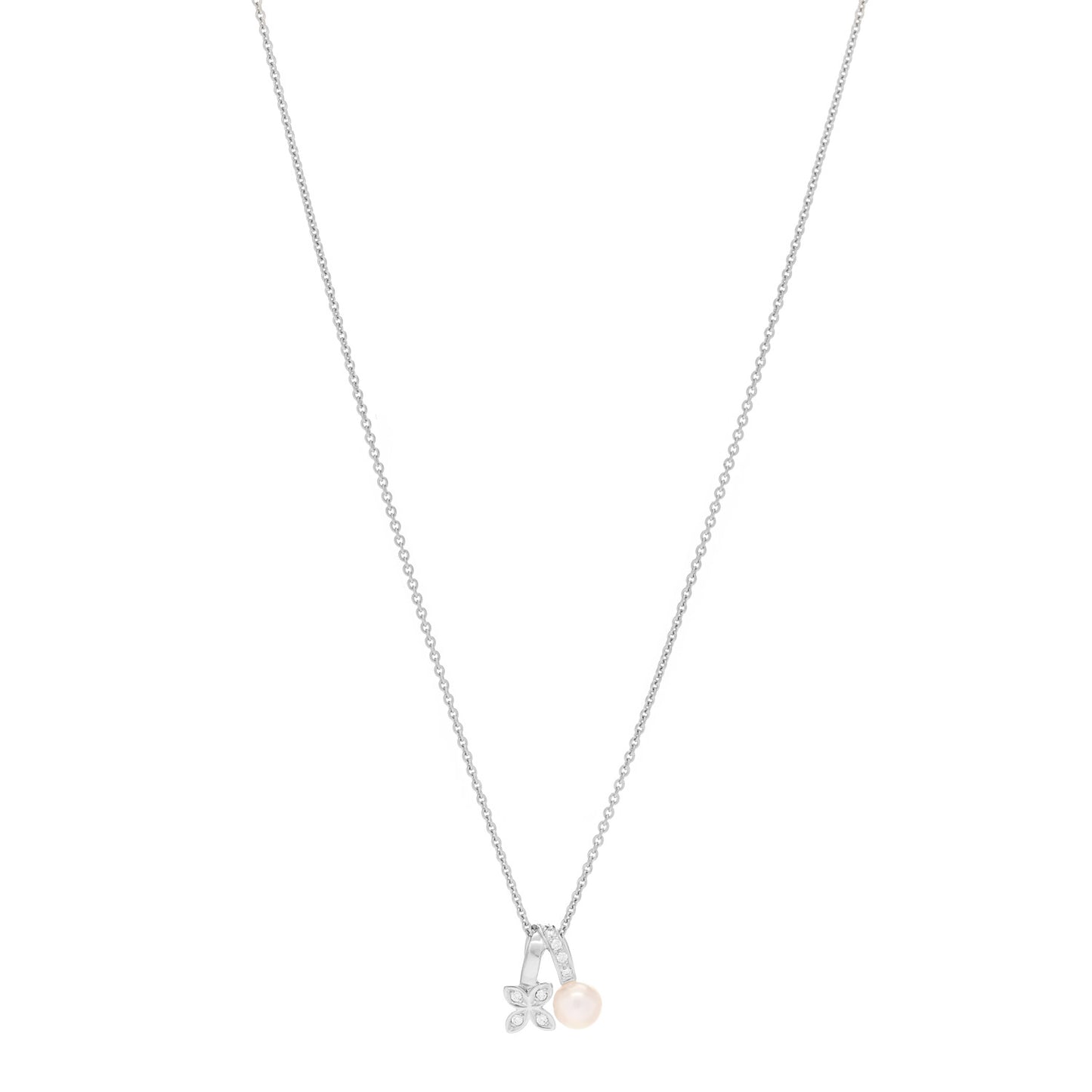18K White Gold Diamond Akoya Pearl 5.5mm Flower Pendant Necklace