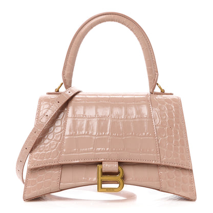 Balenciaga Shiny Calfskin Crocodile Embossed Small Hourglass Top Handle Bag Nude Beige 1 of 13