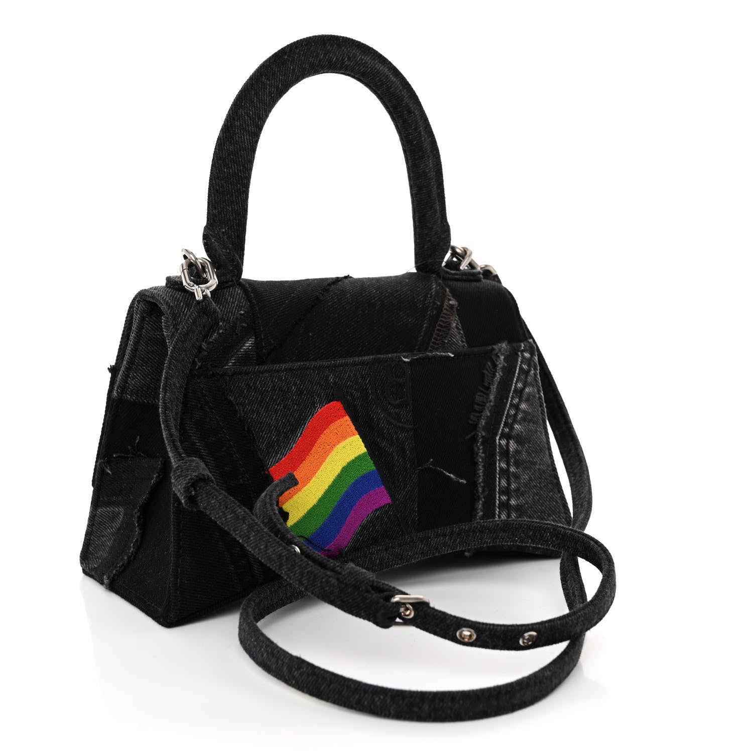 Balenciaga Denim Patchwork Small Hourglass Top Handle Bag Washed Black 3 of 9