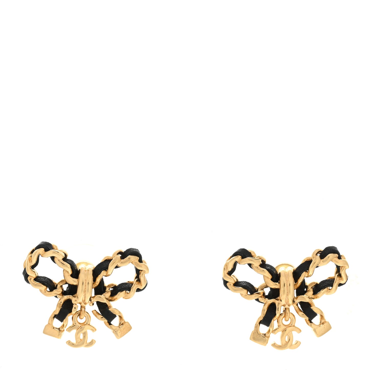 Lambskin Chain Bow Stud Earrings Black Gold