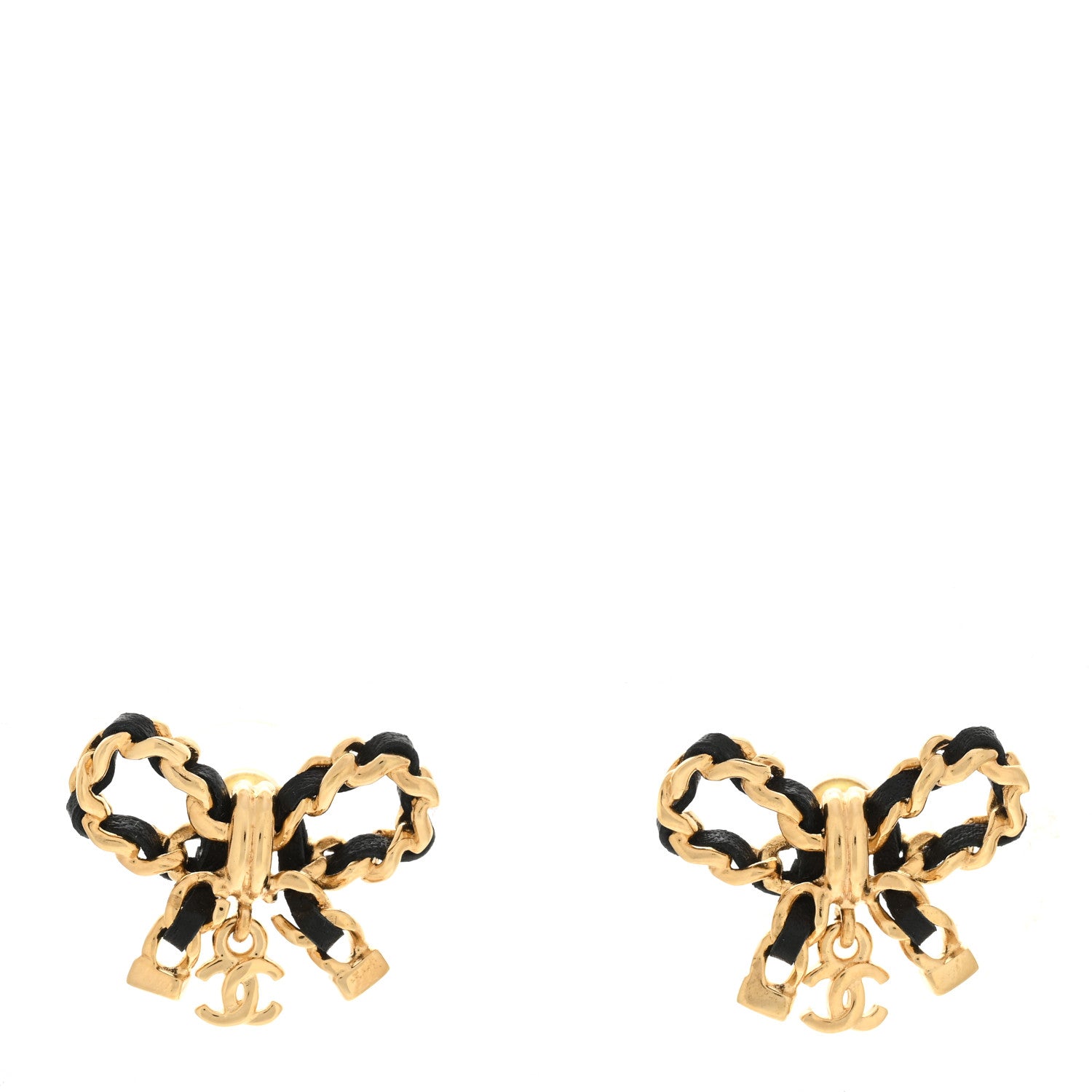 Chanel Lambskin Chain Bow Stud Earrings Black Gold 1 of 4