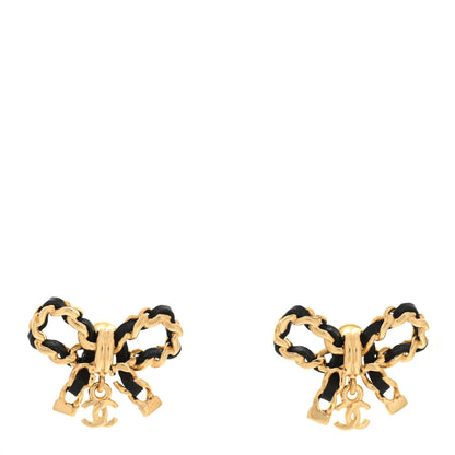 Chanel Lambskin Chain Bow Stud Earrings Black Gold 1 of 4