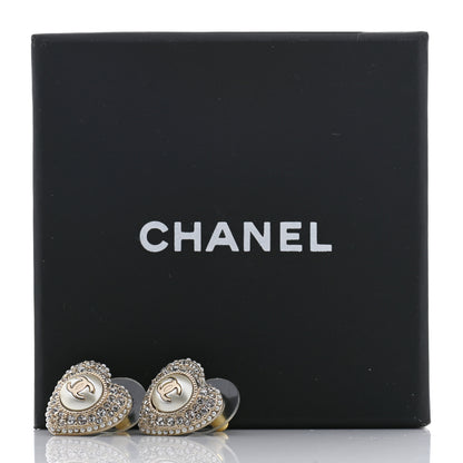 Chanel Pearl Crystal CC Heart Earrings Gold White 5 of 5