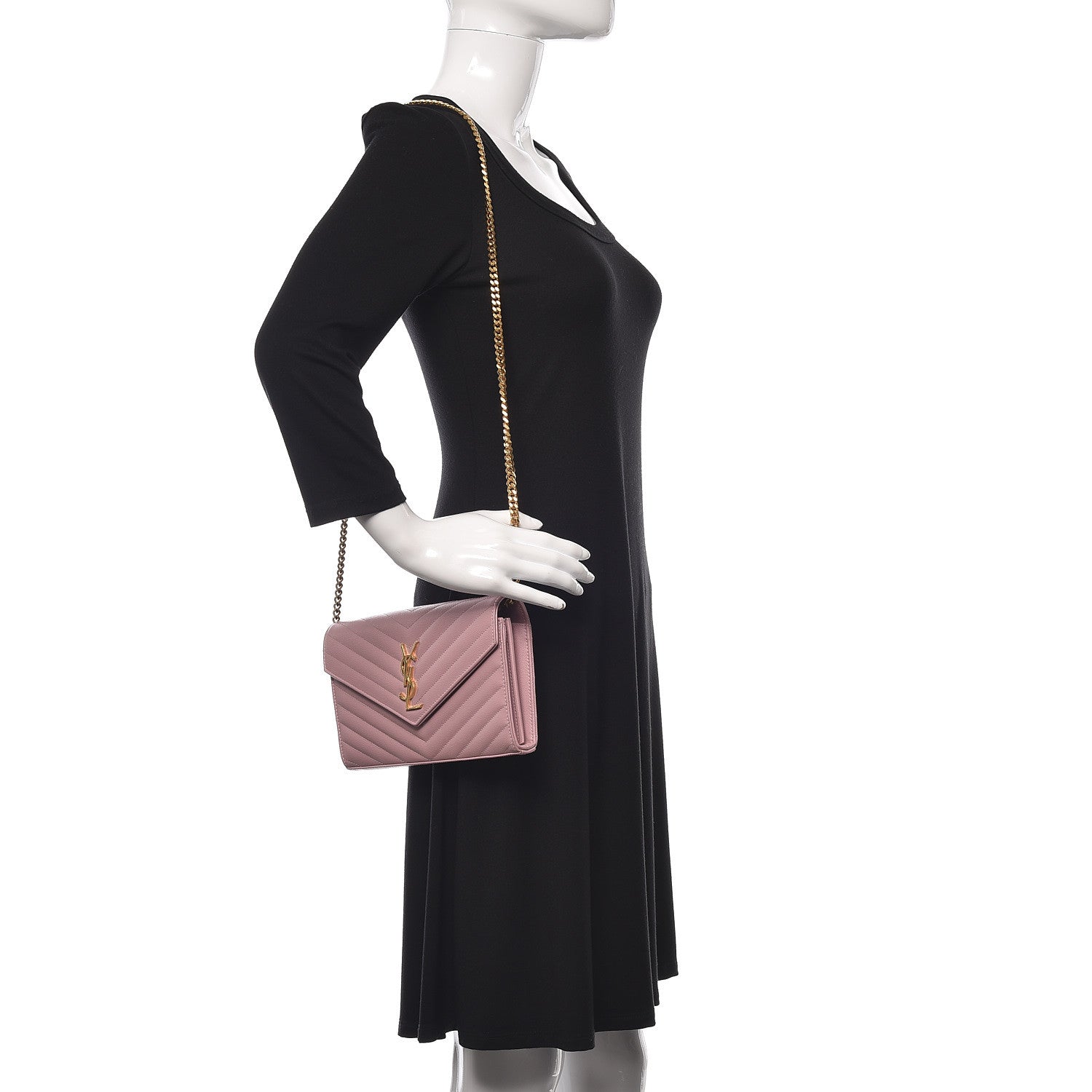 Saint Laurent Grain De Poudre Matelasse Chevron Monogram Chain Wallet Tender Pink 2 of 10
