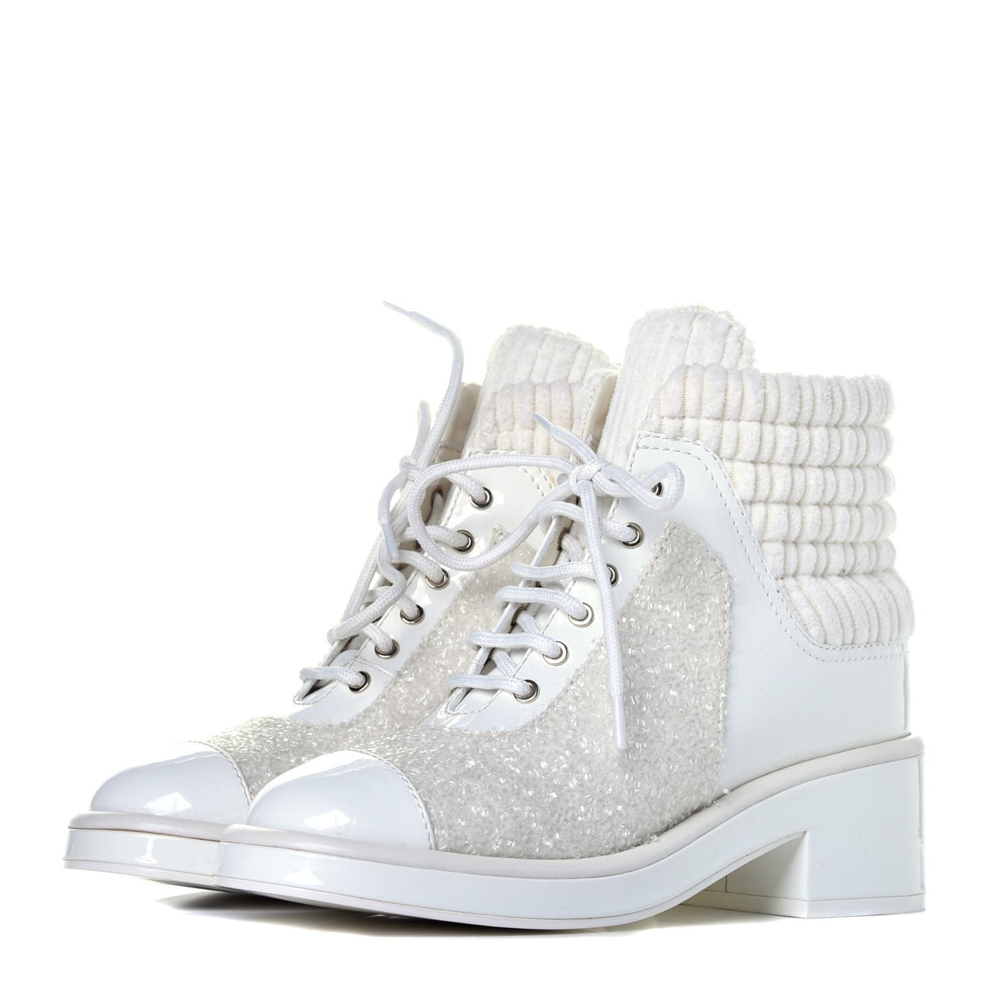 Tweed Patent Calfskin Velvet Lace Up Boots 37 White