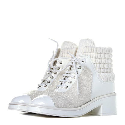 Chanel Tweed Patent Calfskin Velvet Lace Up Boots 37 White 3 of 10
