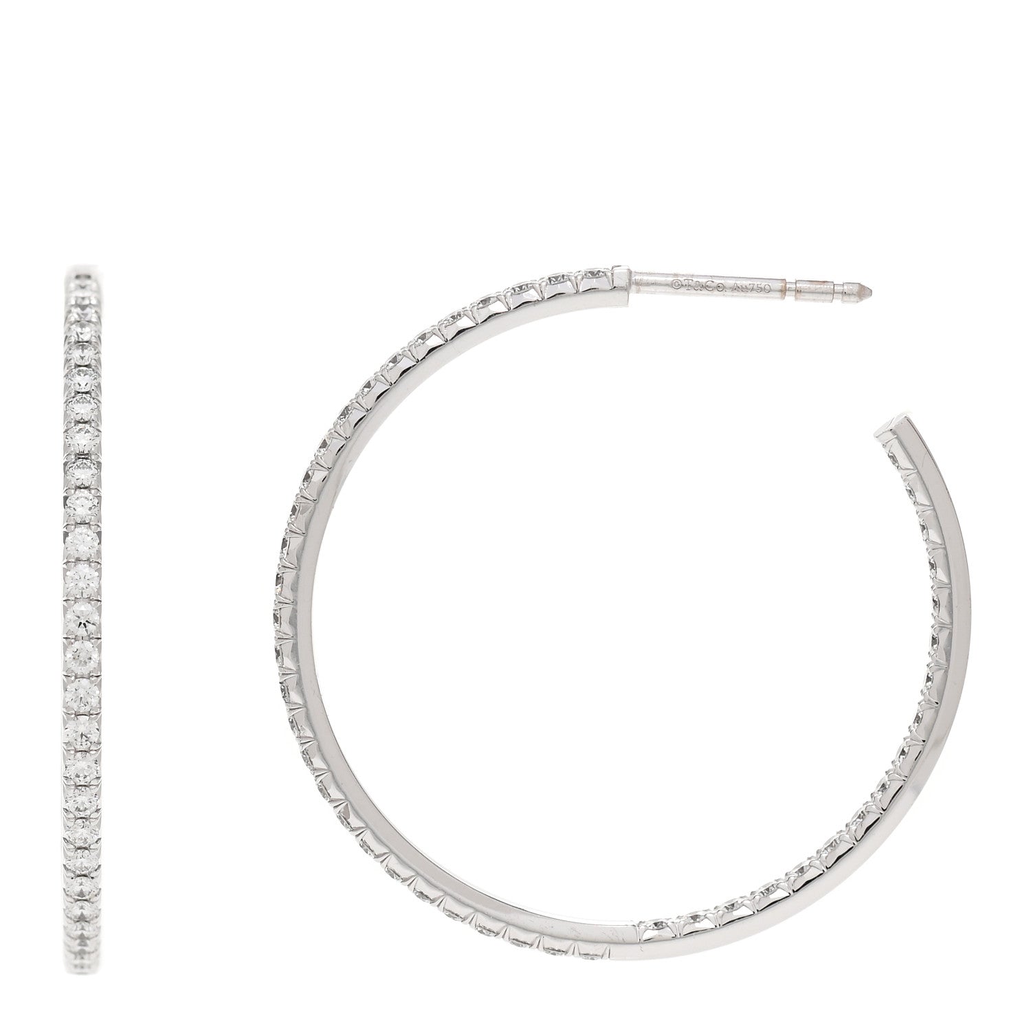 Tiffany 18K White Gold Diamond Medium Metro Hoop Earrings 1 of 5
