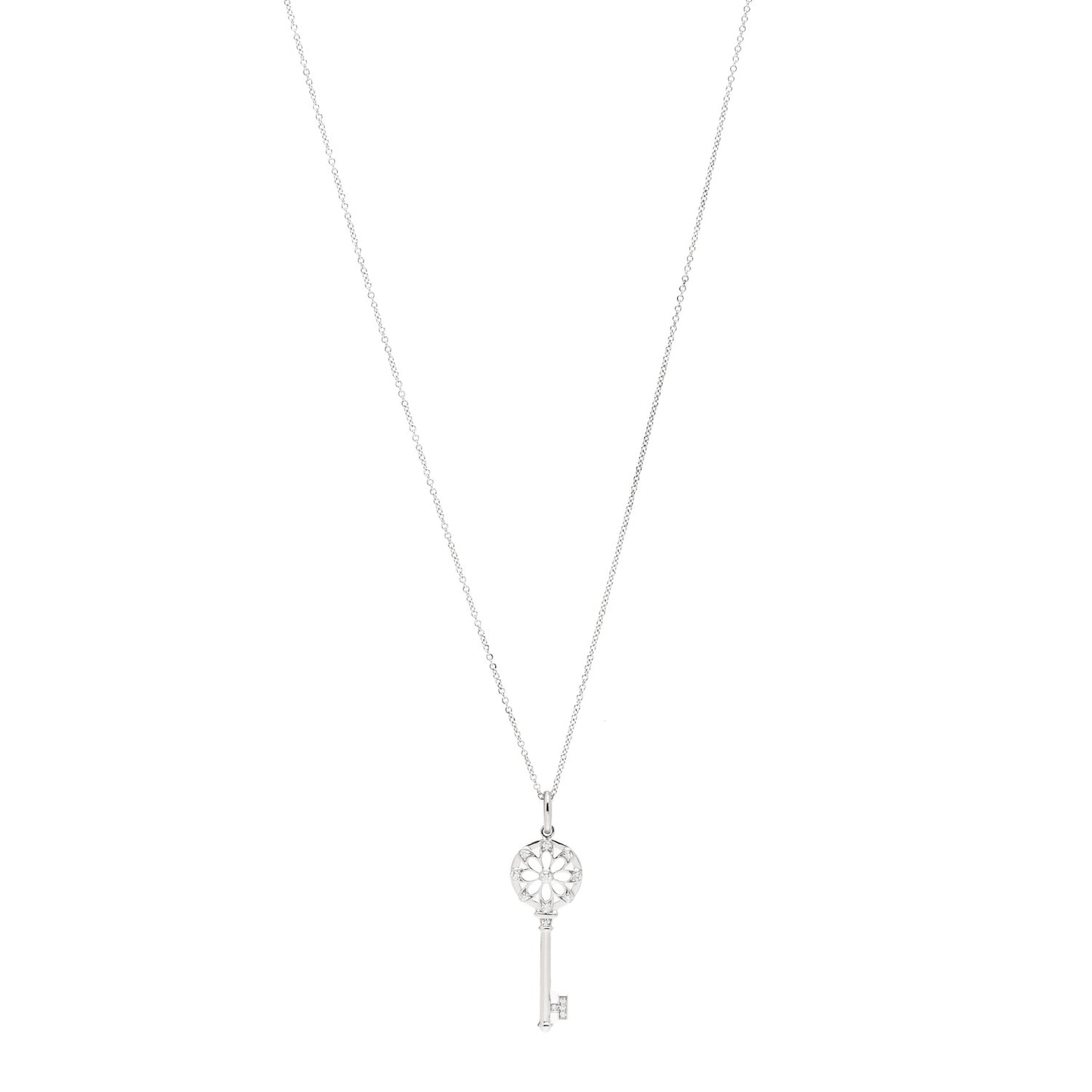 18K White Gold Diamond Floral Key Pendant Necklace