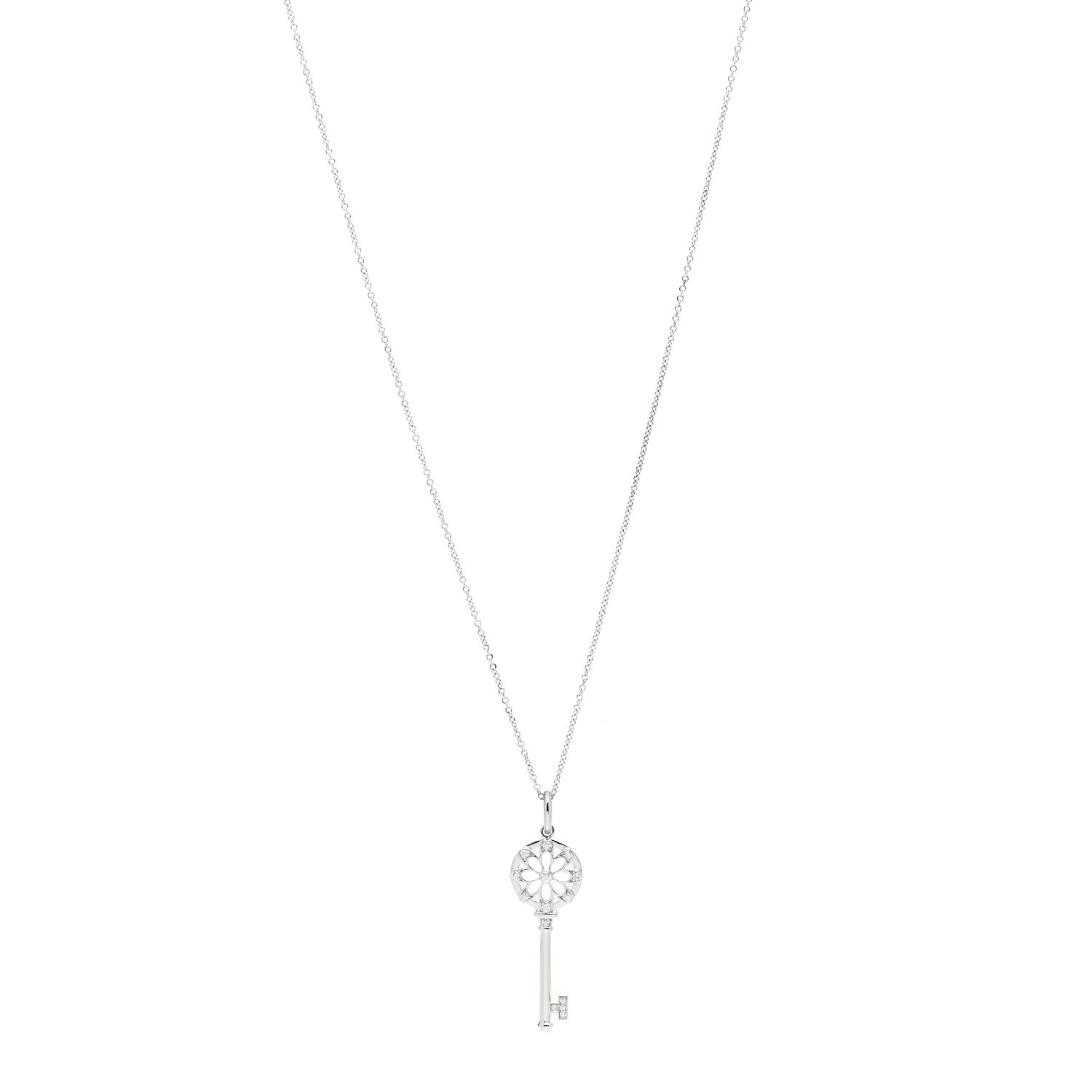 Tiffany 18K White Gold Diamond Floral Key Pendant Necklace 1 of 7