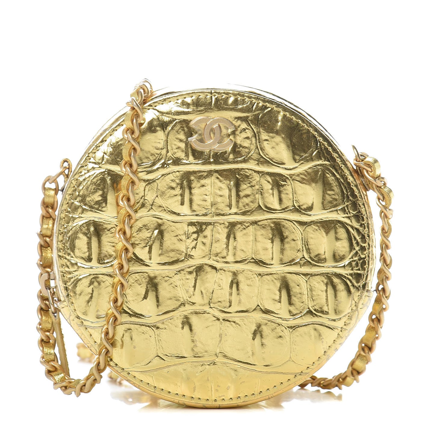 Metallic Calfskin Crocodile Embossed Cocodile Round Clutch with Chain Gold