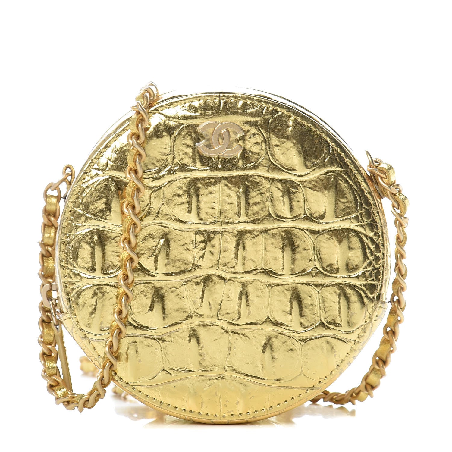 Chanel Metallic Calfskin Crocodile Embossed Cocodile Round Clutch with Chain Gold 1 of 9
