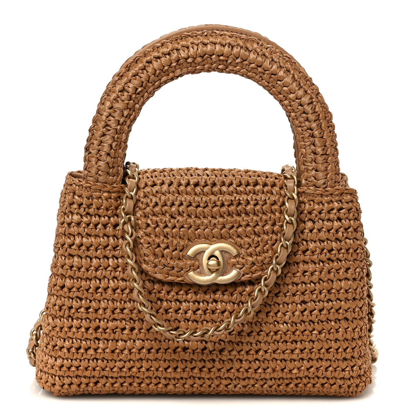 Braided Raffia Nano Kelly Flap Bag Dark Beige
