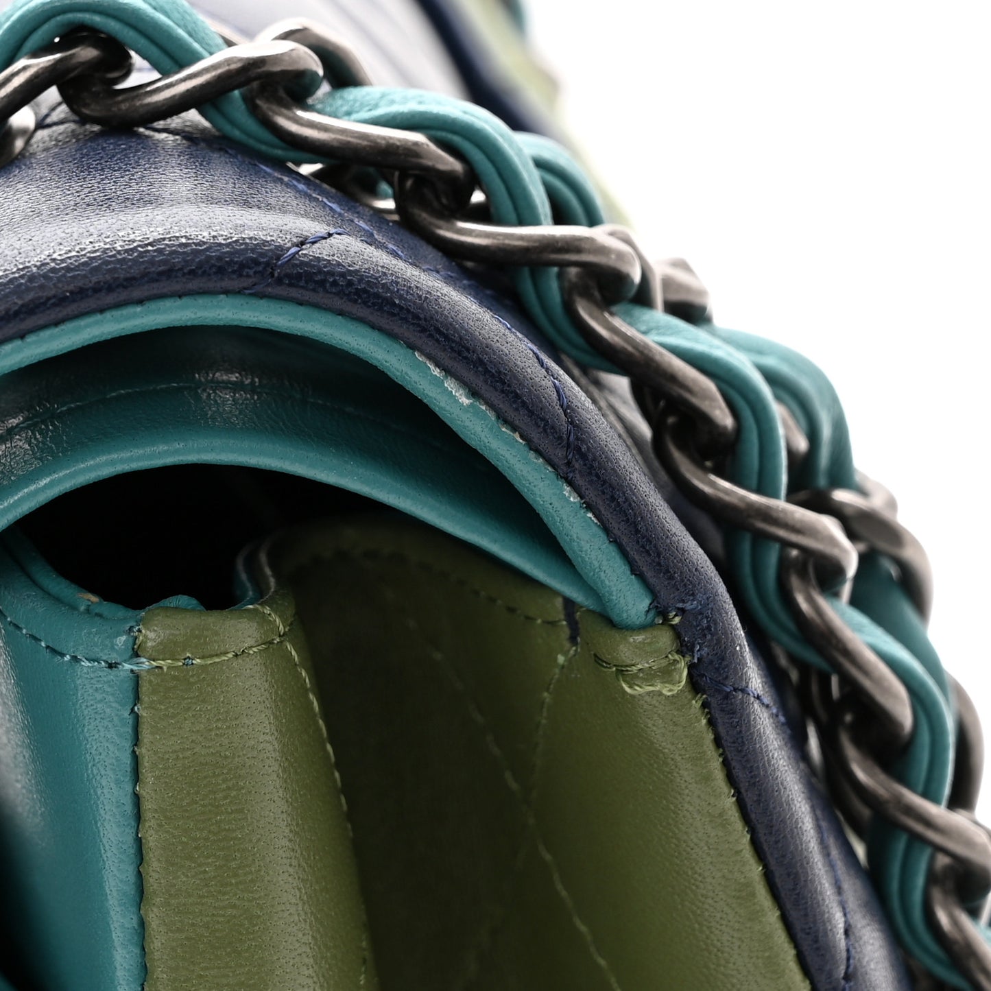 Lambskin Quilted Tri-Color Jumbo Double Flap Navy Blue Green