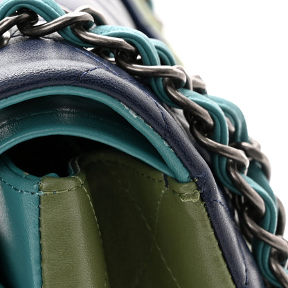 Chanel Lambskin Quilted Tri-Color Jumbo Double Flap Navy Blue Green 16 of 20