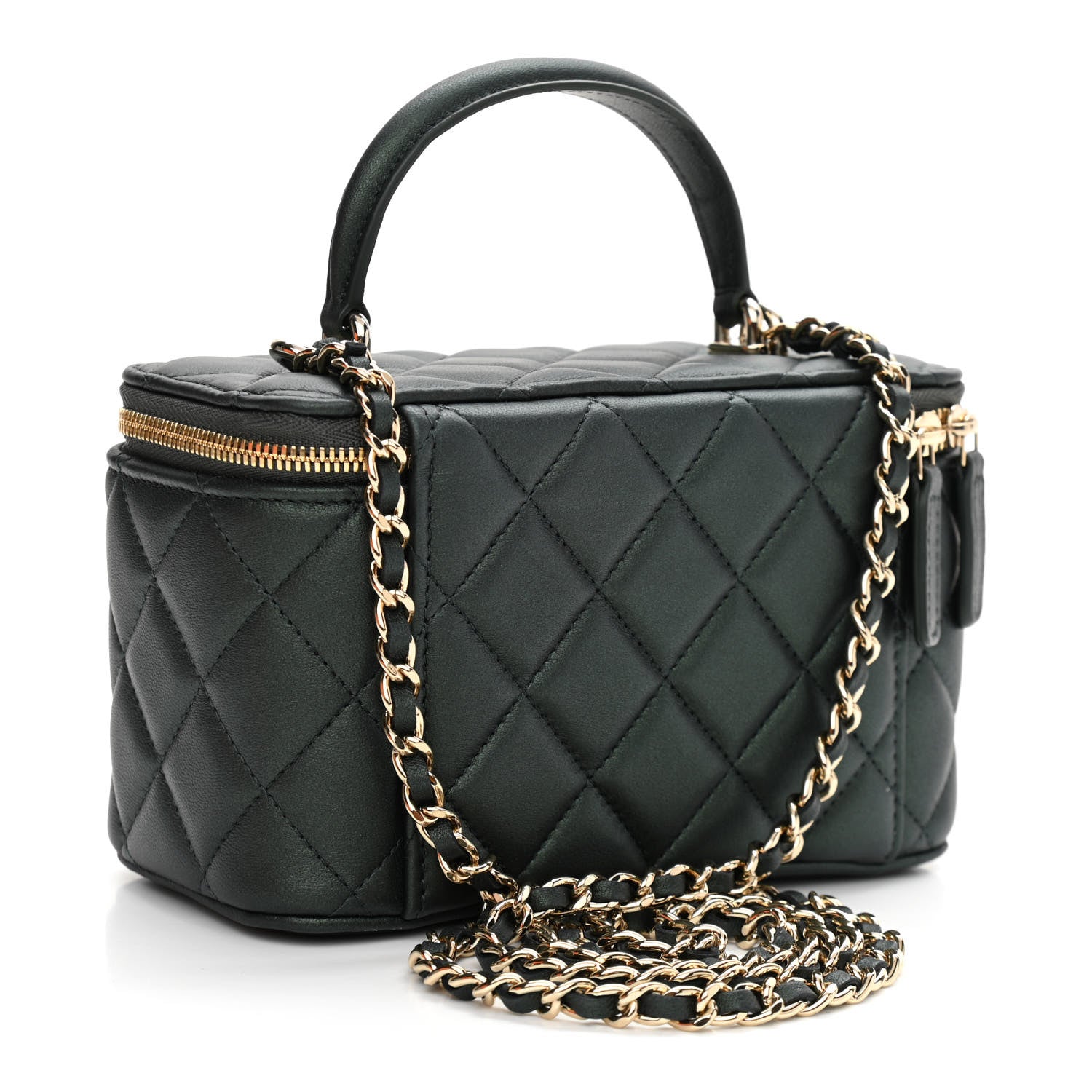 Chanel Iridescent Lambskin Quilted Small Top Handle Vanity Case With Chain Dark Green 3 of 12