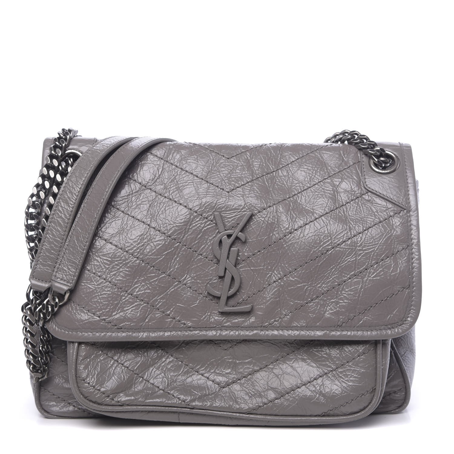 Saint Laurent Crinkled Calfskin Matelasse Monogram Medium Niki Chain Satchel Fog 1 of 10