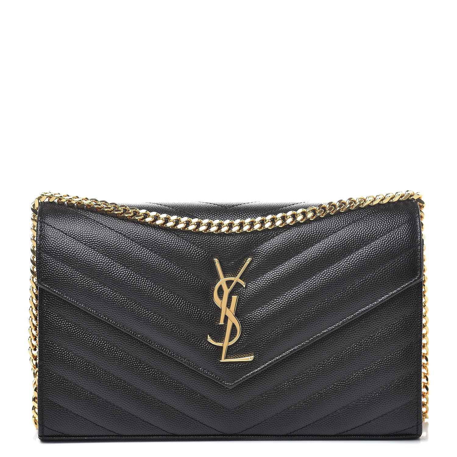 Saint Laurent Grain De Poudre Matelasse Chevron Monogram Chain Wallet Black 1 of 9