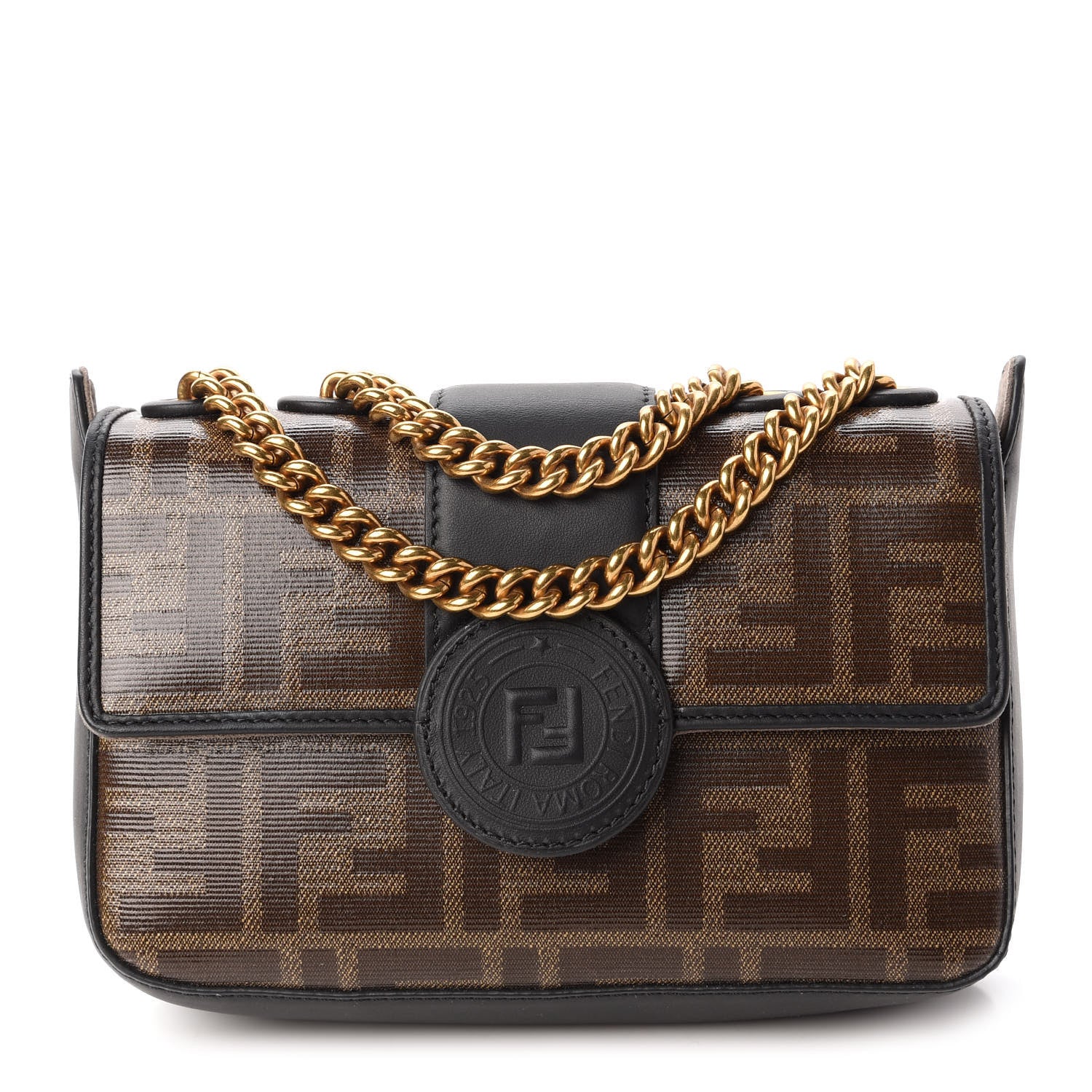 Fendi Glazed Fabric Vitello Century FF 1974 Stamp Patch Mini Double F Crossbody Bag Mogano Panna Black 1 of 12