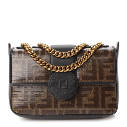 Fendi Glazed Fabric Vitello Century FF 1974 Stamp Patch Mini Double F Crossbody Bag Mogano Panna Black 1 of 12