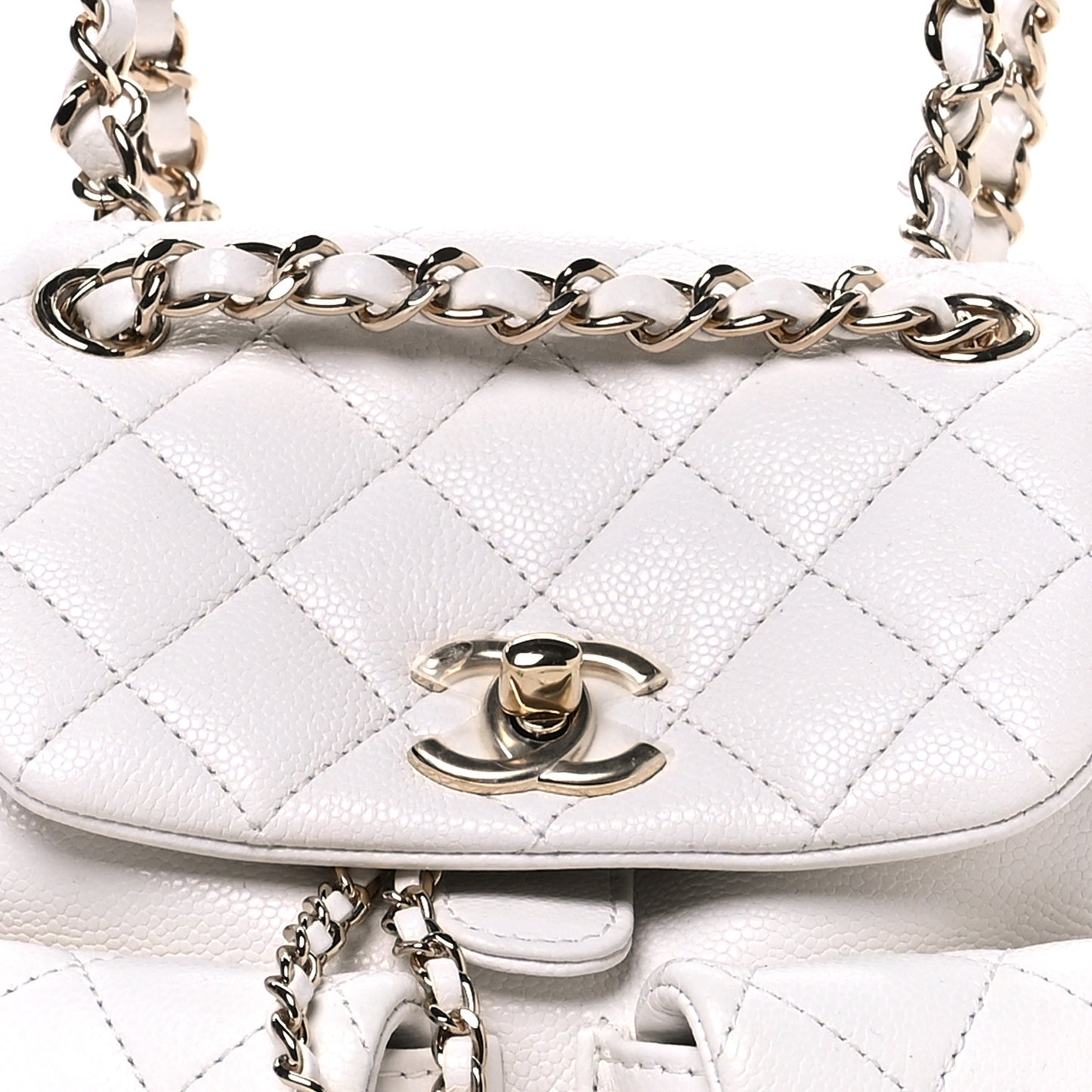 Shiny Caviar Quilted Small Duma Pockets Drawstring Backpack White