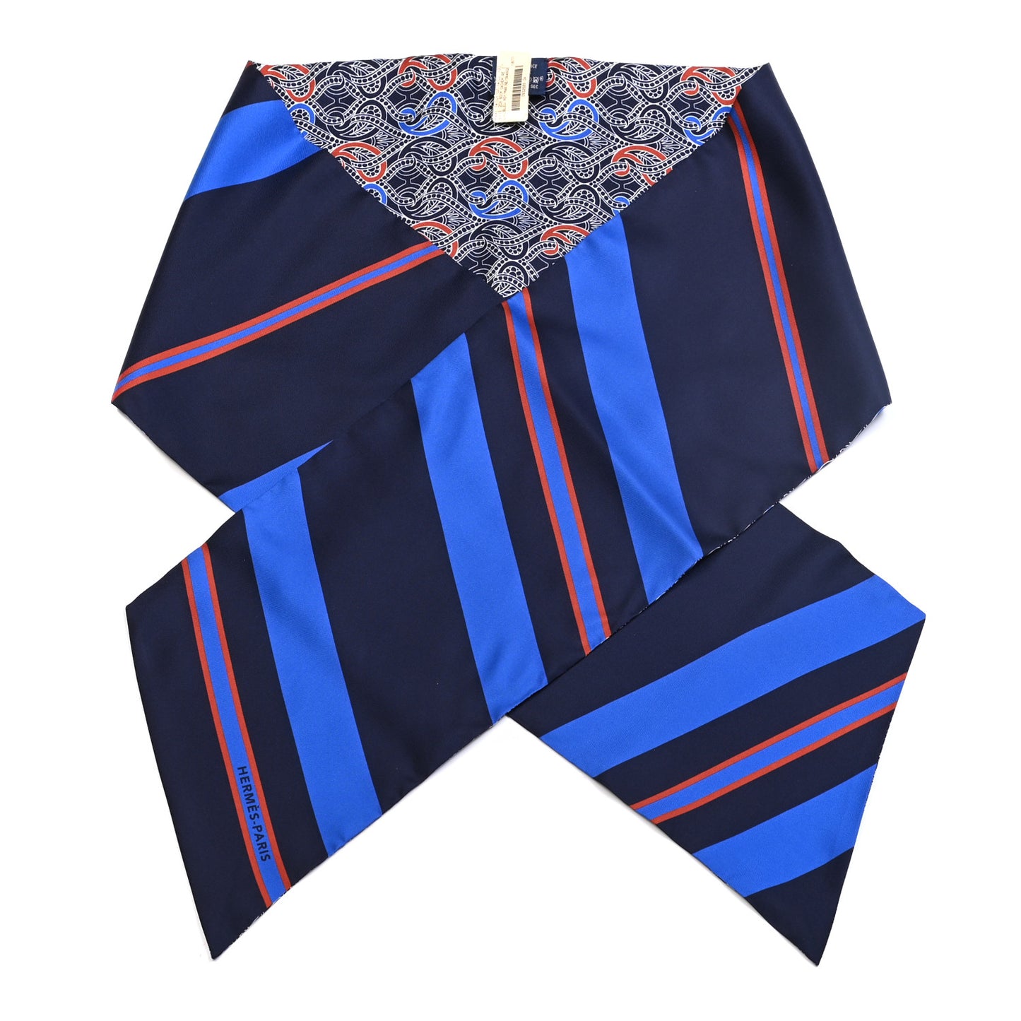 Silk Cachemire Et Rayure Maxi Twilly Cut Bleu Roy Marine Orange