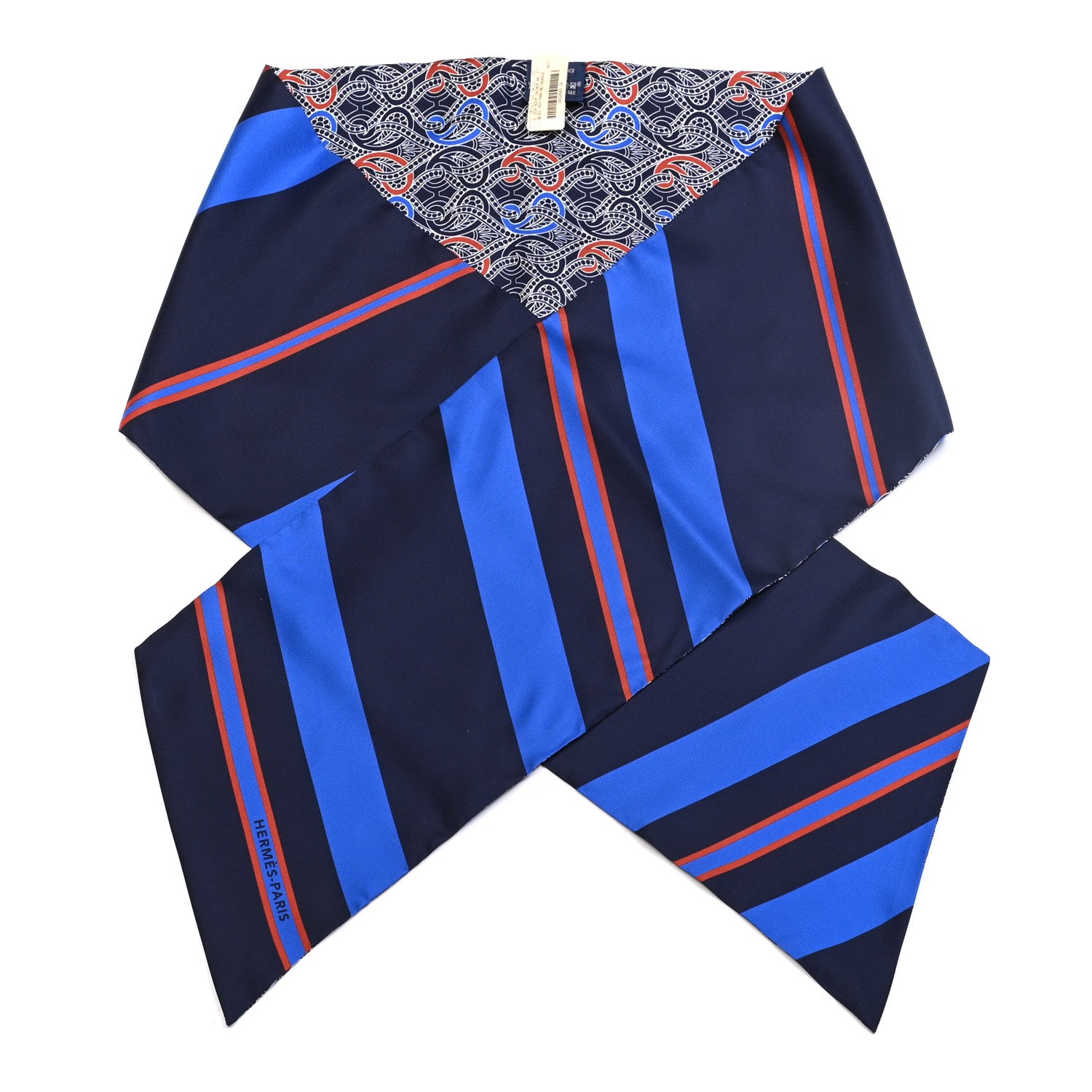 Hermes Silk Cachemire Et Rayure Maxi Twilly Cut Bleu Roy Marine Orange 1 of 4