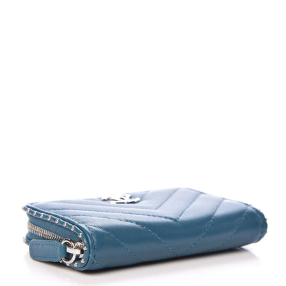 Chanel Lambskin Chevron Studded Zip Around Coin Purse Wallet Blue 4 of 8