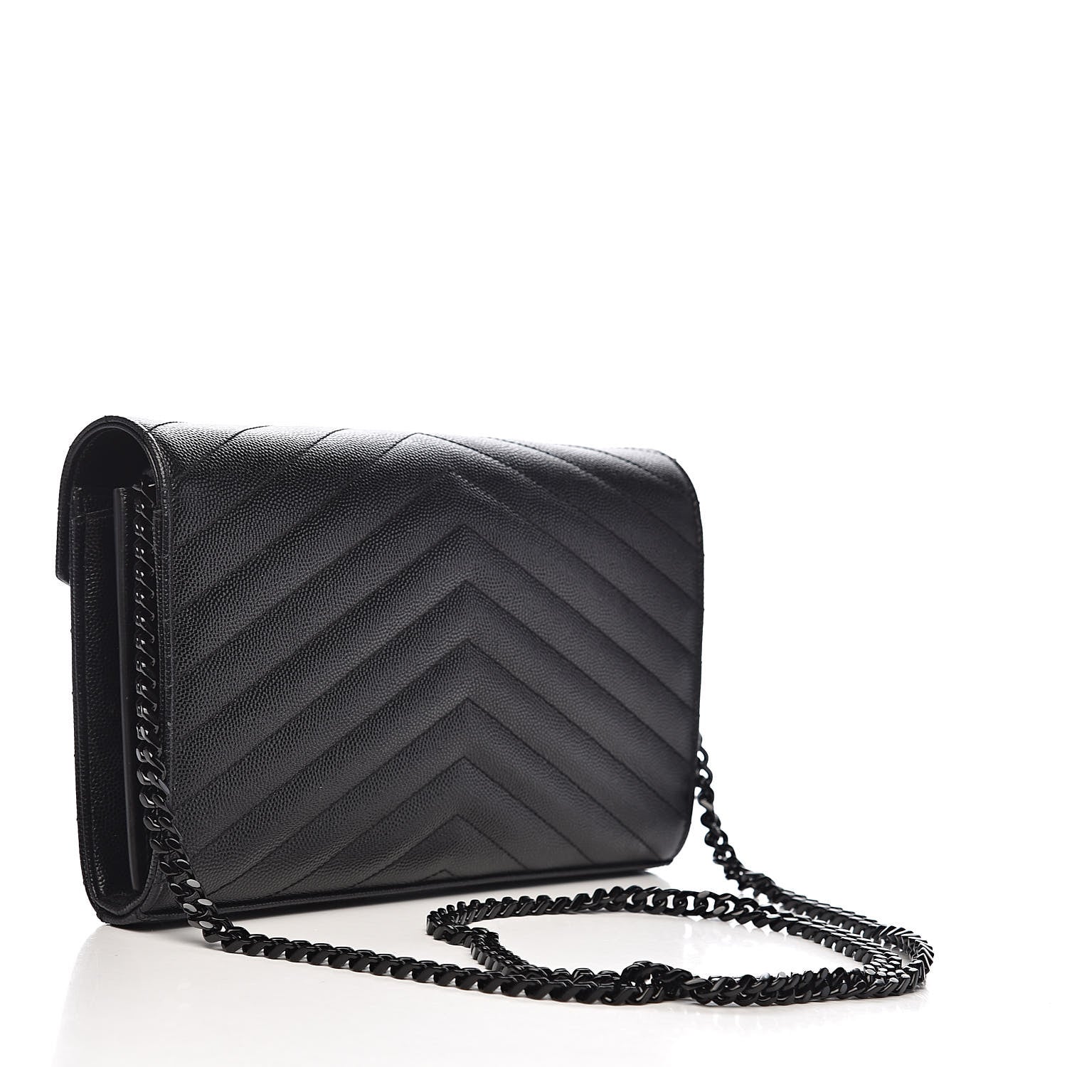 Saint Laurent Grain De Poudre Matelasse Chevron Monogram Chain Wallet Black 3 of 10