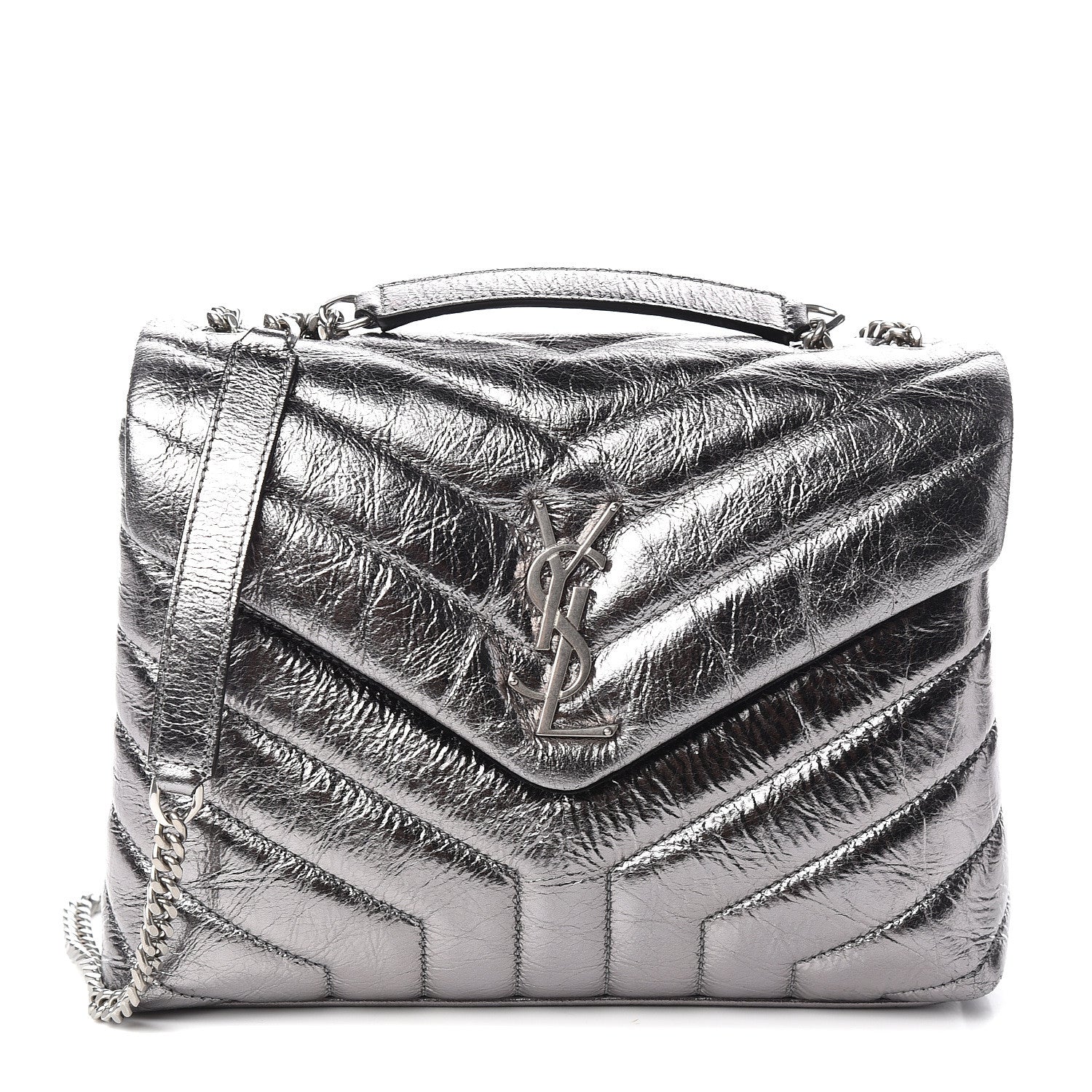 Saint Laurent Metallic Calfskin Y Quilted Monogram Small Loulou Chain Satchel Acciaio 1 of 11