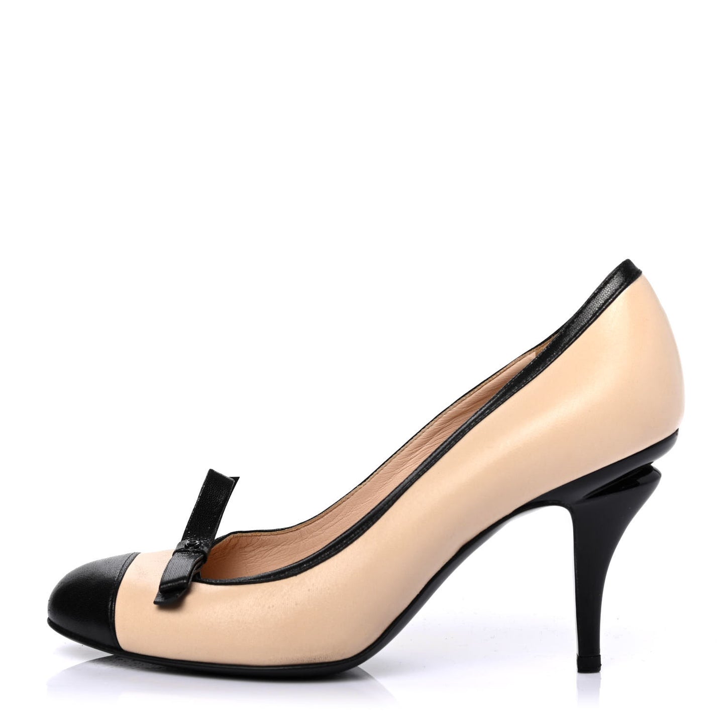 Lambskin Cap Toe Bow Pumps 37 Beige Black