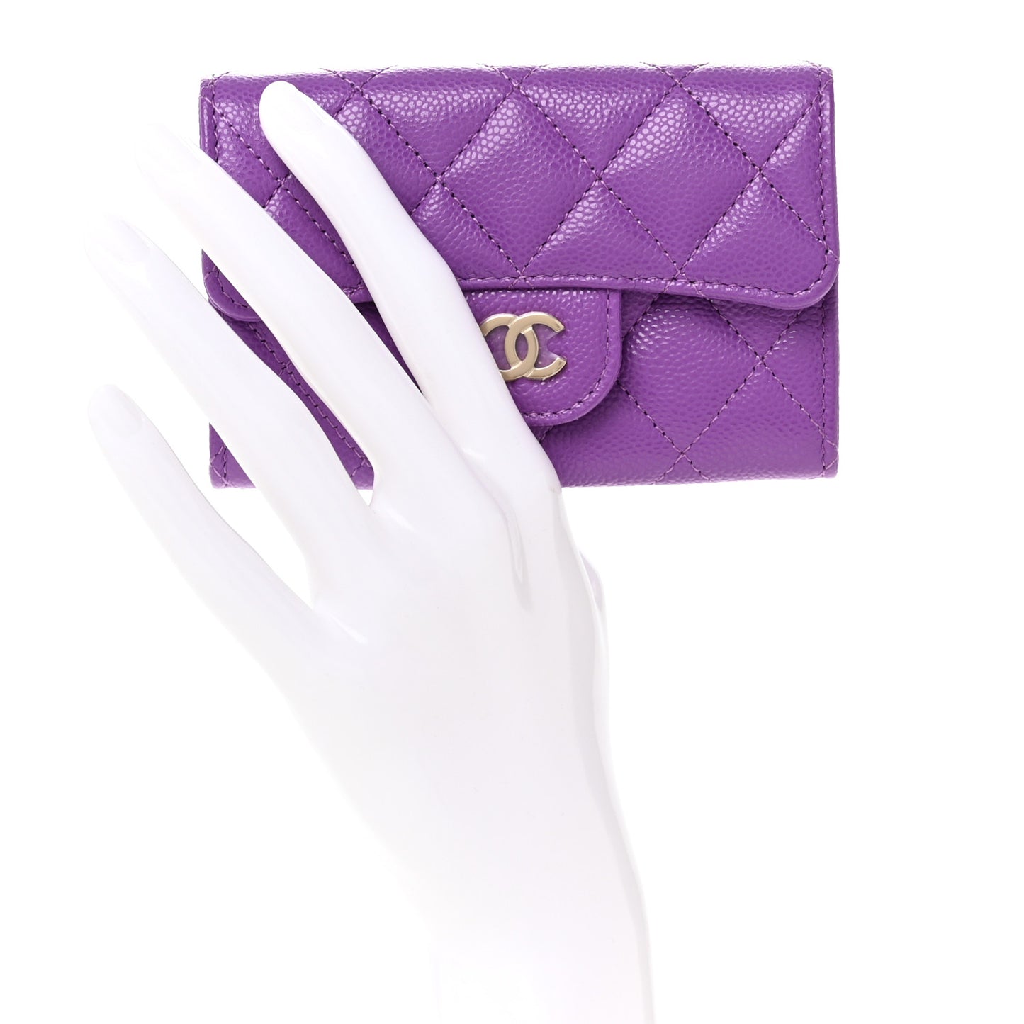 Caviar Quilted Flap Card Holder Wallet Purple