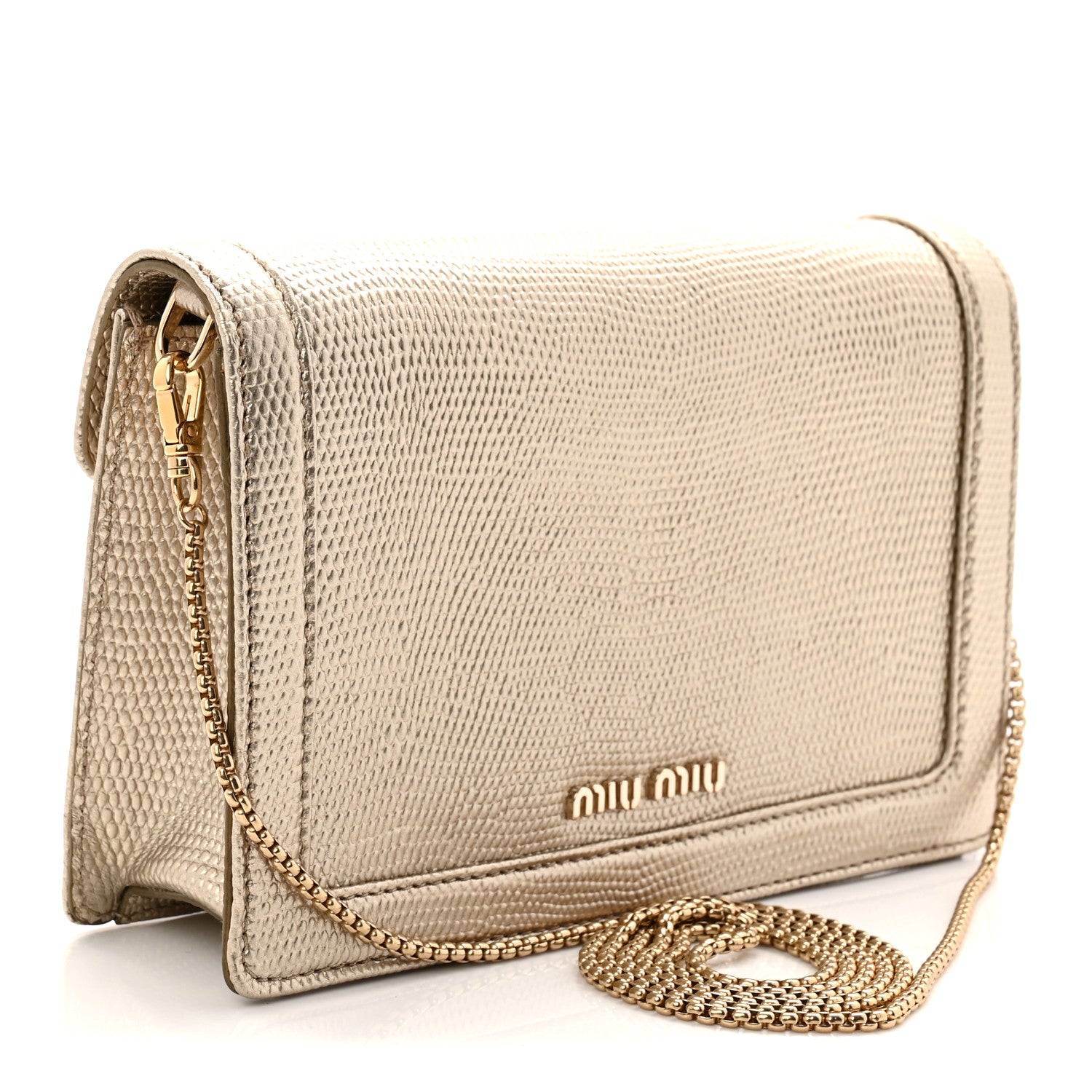 Miu Miu Metallic Vitello Lizard Embossed Confidential Chain Shoulder Bag Pirite 3 of 10