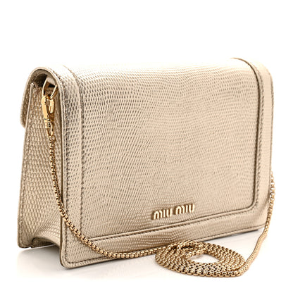 Miu Miu Metallic Vitello Lizard Embossed Confidential Chain Shoulder Bag Pirite 3 of 10