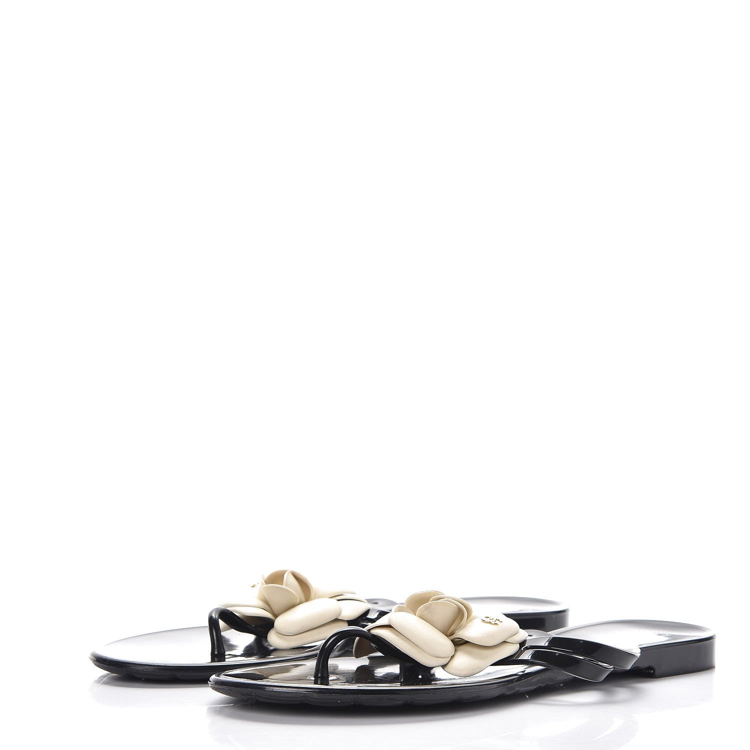 Chanel Jelly Camellia Thong Sandals 38 Black Ivory 3 of 9