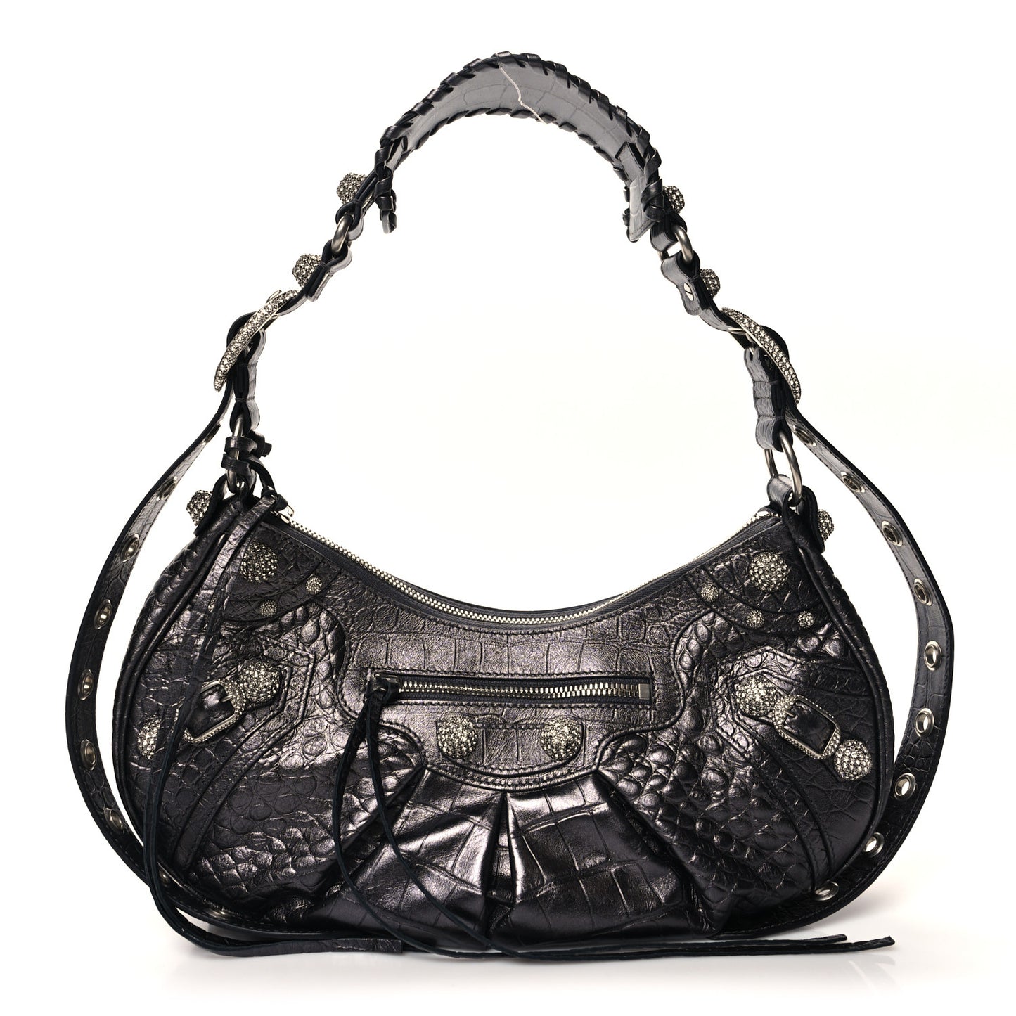 Metallic Calfskin Crocodile Embossed Crystal Small Le Cagole Shoulder Bag Gunmetal