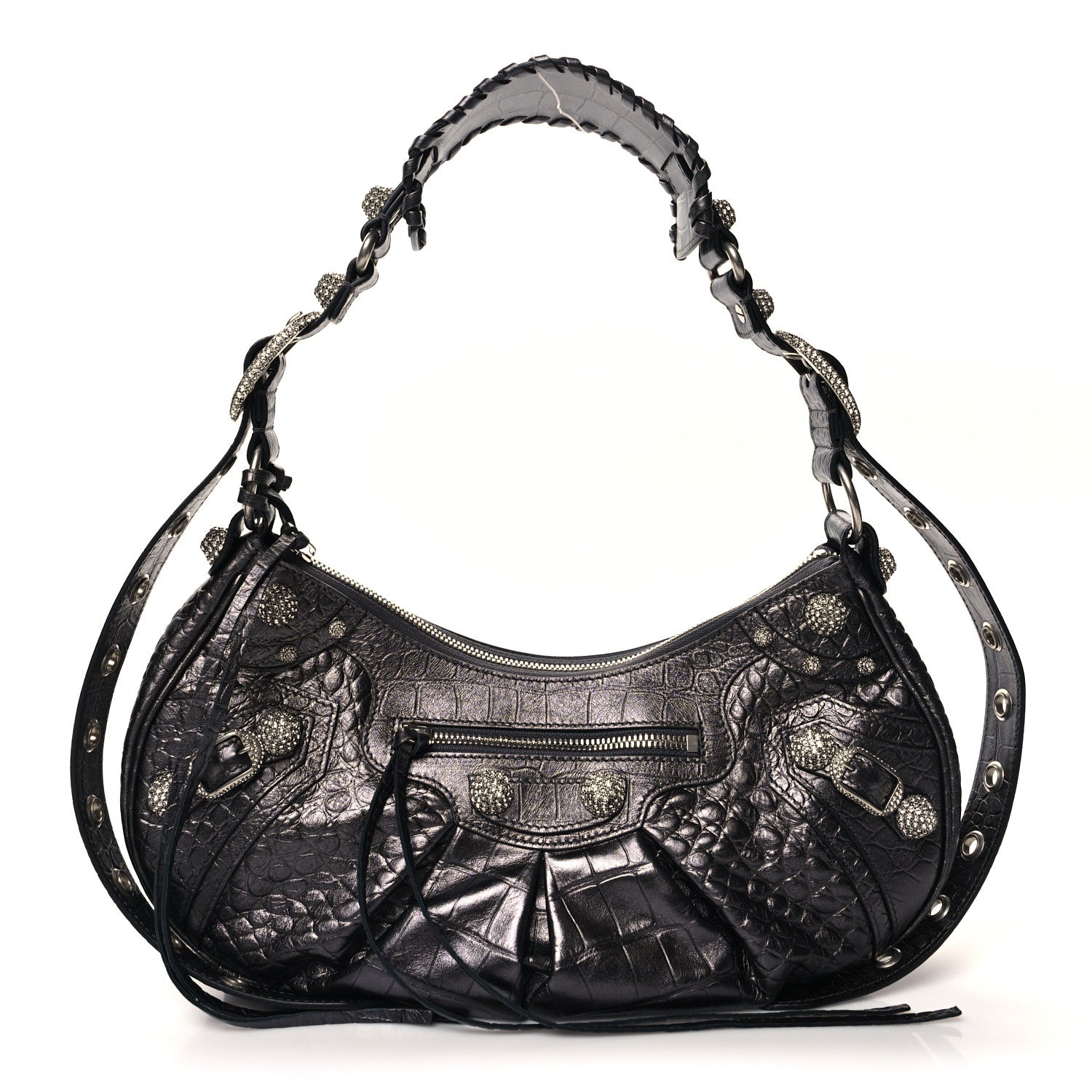 Balenciaga Metallic Calfskin Crocodile Embossed Crystal Small Le Cagole Shoulder Bag Gunmetal 1 of 11