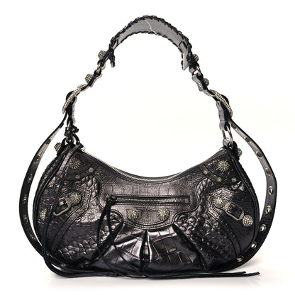 Balenciaga Metallic Calfskin Crocodile Embossed Crystal Small Le Cagole Shoulder Bag Gunmetal 1 of 11