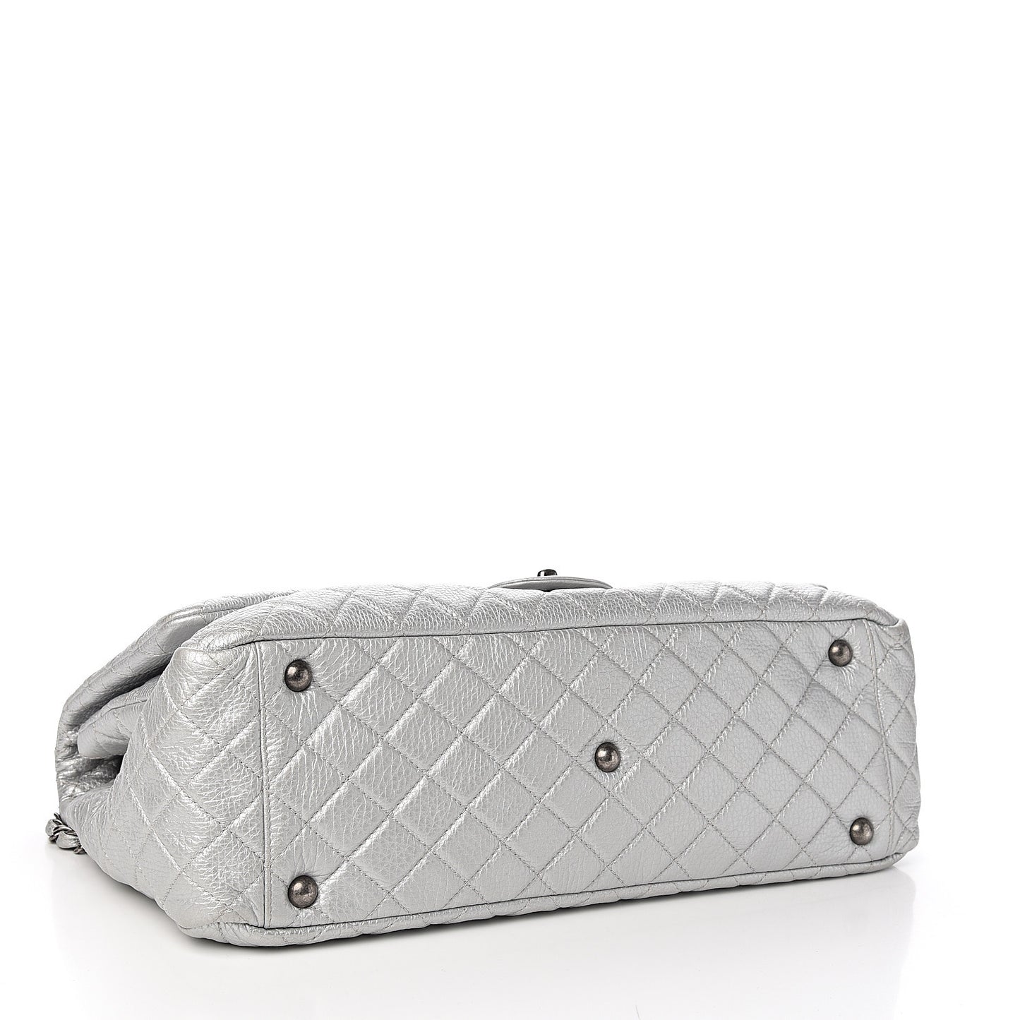 Metallic Calfskin Quilted XXL Travel Flap Bag Silver