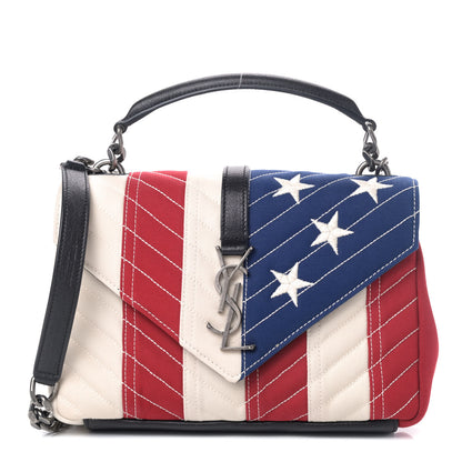 Saint Laurent Canvas Matelasse Chevron American Flag Monogram Medium College Bag Red Blue 1 of 4