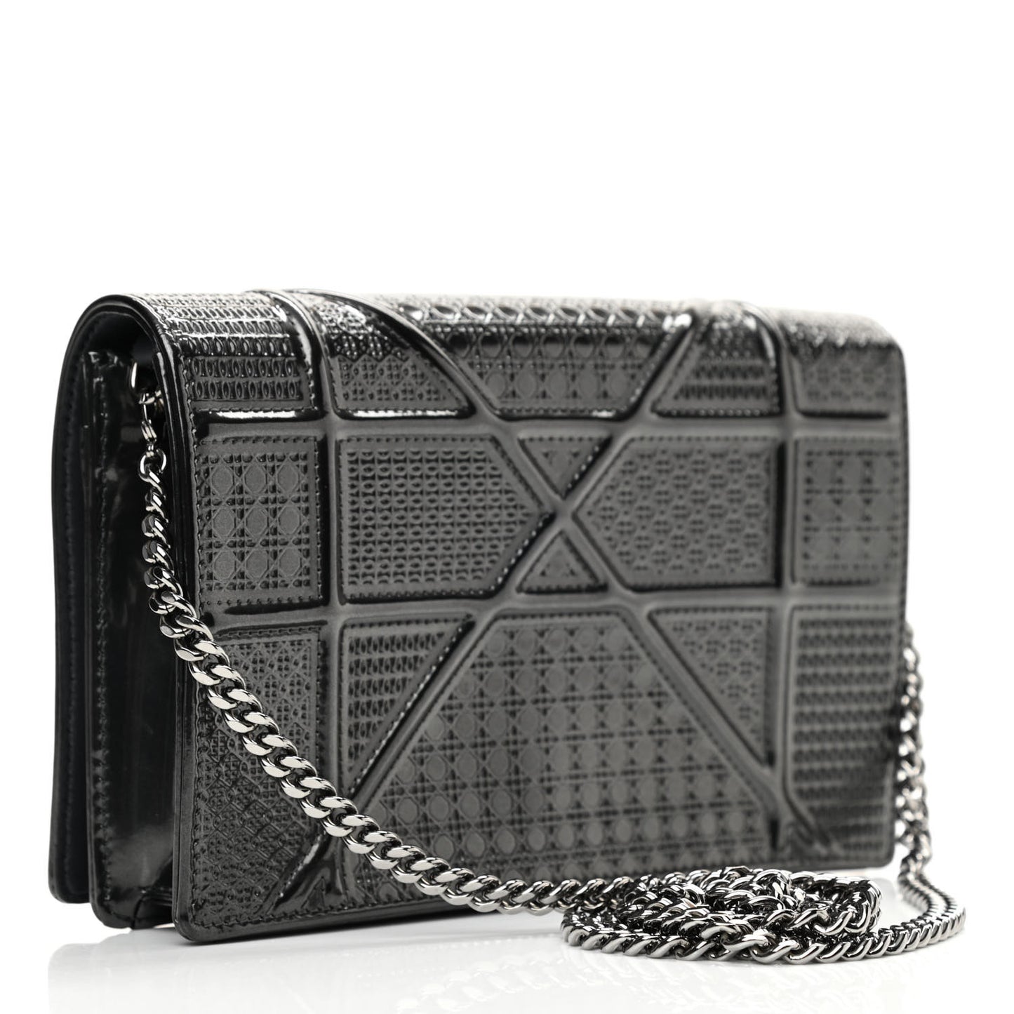 Metallic Patent Micro-Cannage Diorama Wallet on Chain Pouch Onyx Black