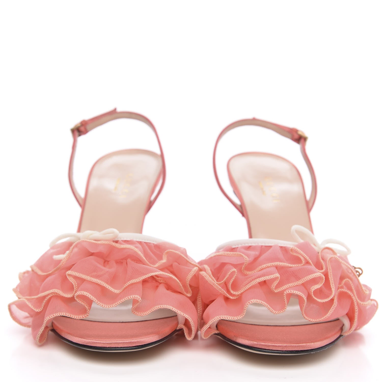 Gucci Tulle Ruffle Mid Heel Slingback Sandals 37.5 Peach White 2 of 13