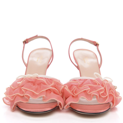 Gucci Tulle Ruffle Mid Heel Slingback Sandals 37.5 Peach White 2 of 13
