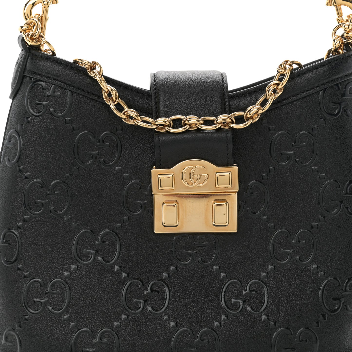 Wonka Grain Calfskin GG Monogram Debossed Small Padlock Shoulder Bag Black