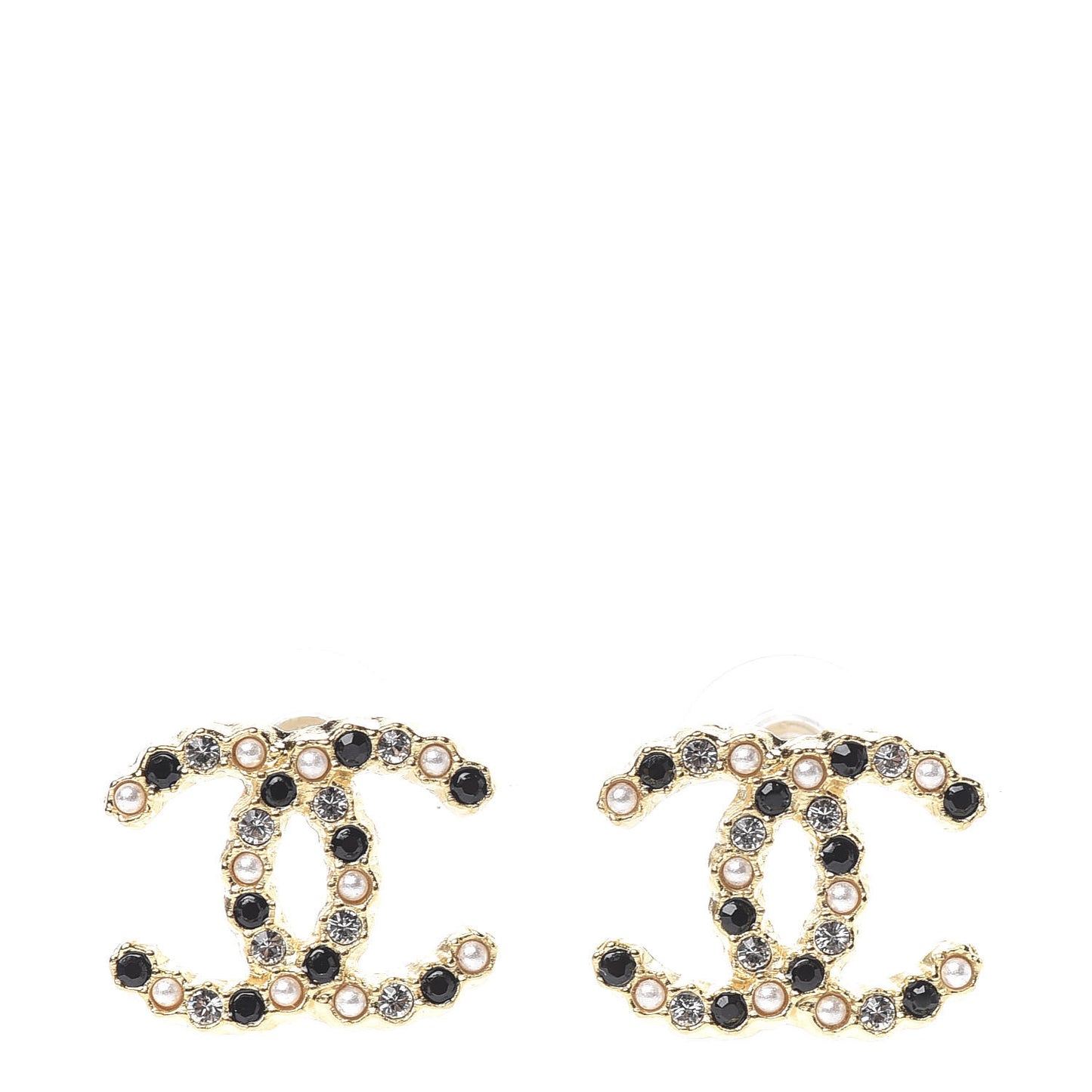 Resin Pearl Crystal CC Earrings Gold Black
