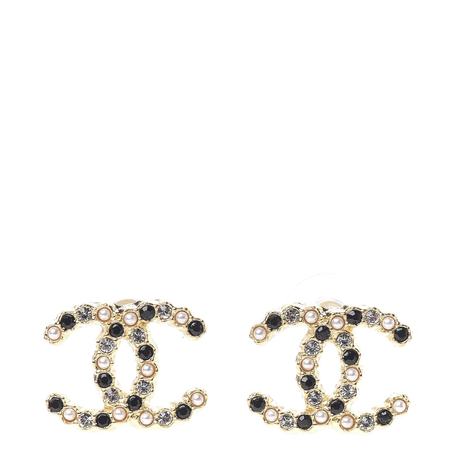 Chanel Resin Pearl Crystal CC Earrings Gold Black 1 of 5