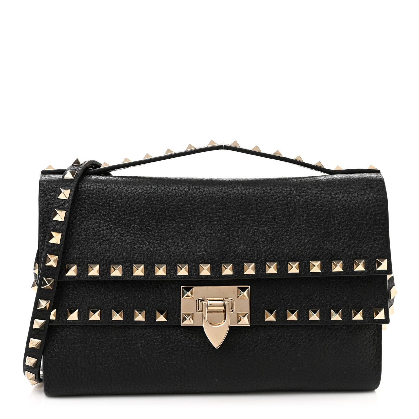Pebbled Calfskin Rockstud Double Flap Crossbody Bag Black