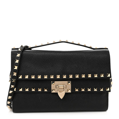 Valentino Garavani Pebbled Calfskin Rockstud Double Flap Crossbody Bag Black 1 of 14